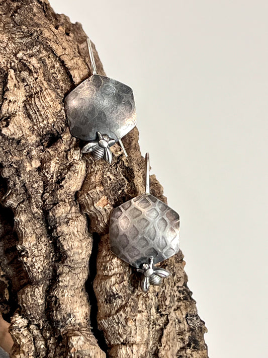 Sterling Silver Hive Hex Bee Drop Earrings