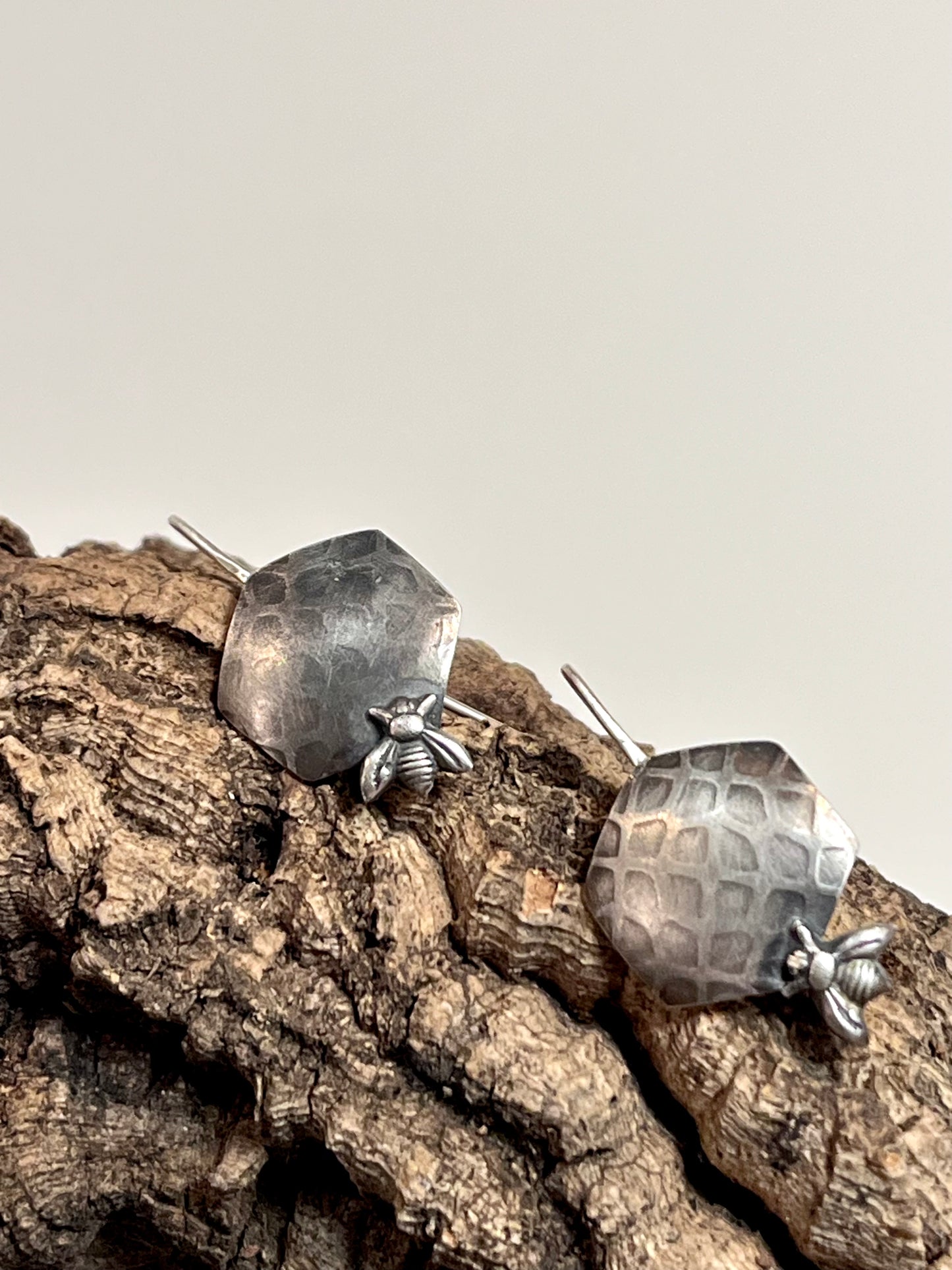 Sterling Silver Hive Hex Bee Drop Earrings