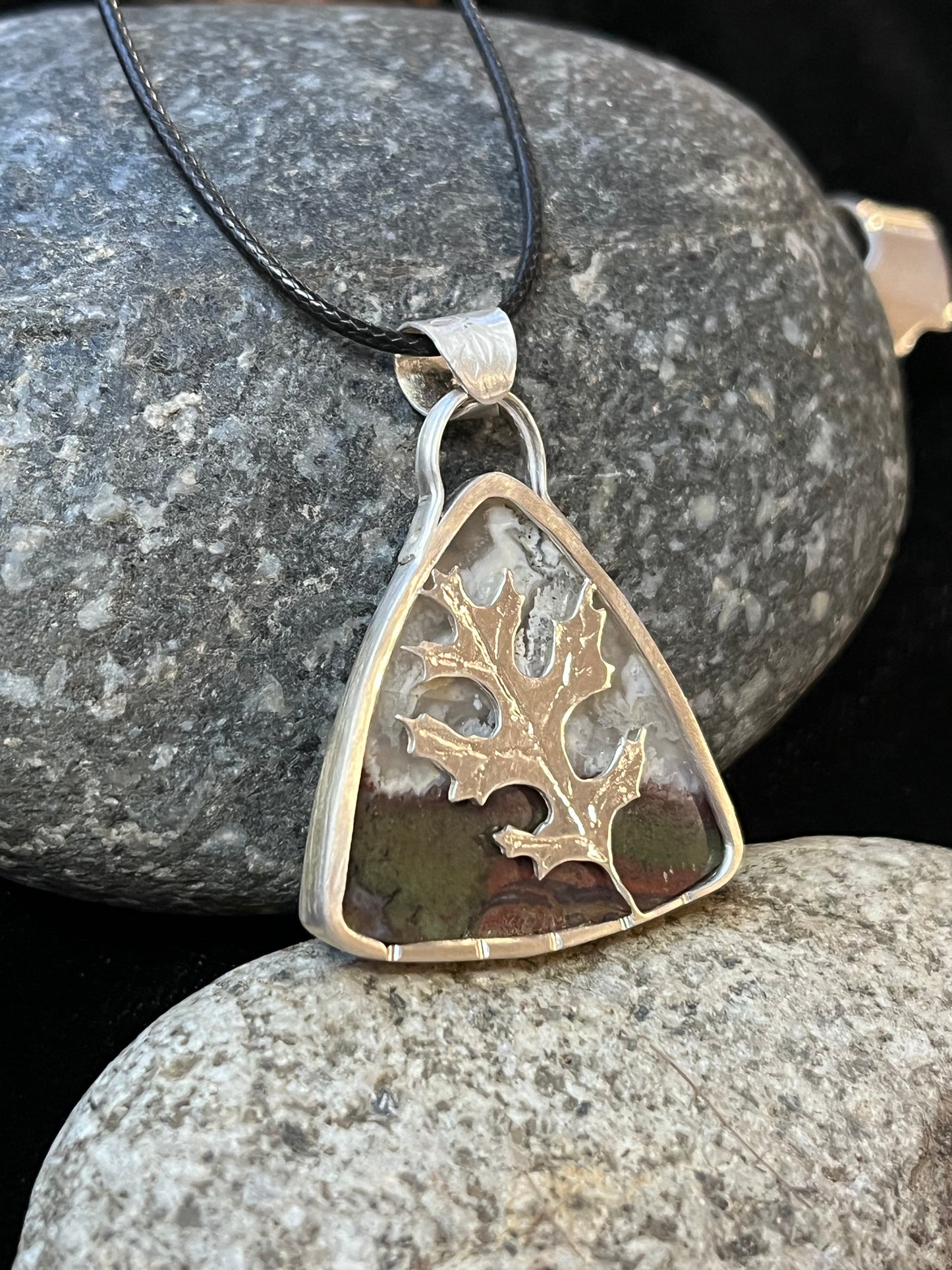 Moss Agate Pendant in Sterling Silver | Hand Chiseled Oak Leaf Necklace | Nature Jewelry Gift for Her