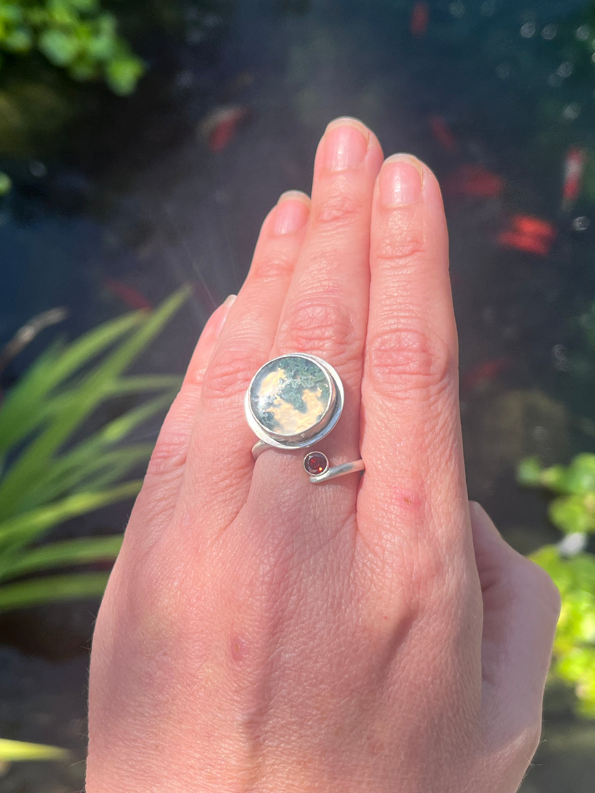 A Little Wild — Moss Agate & Red CZ Sterling Silver Ring
