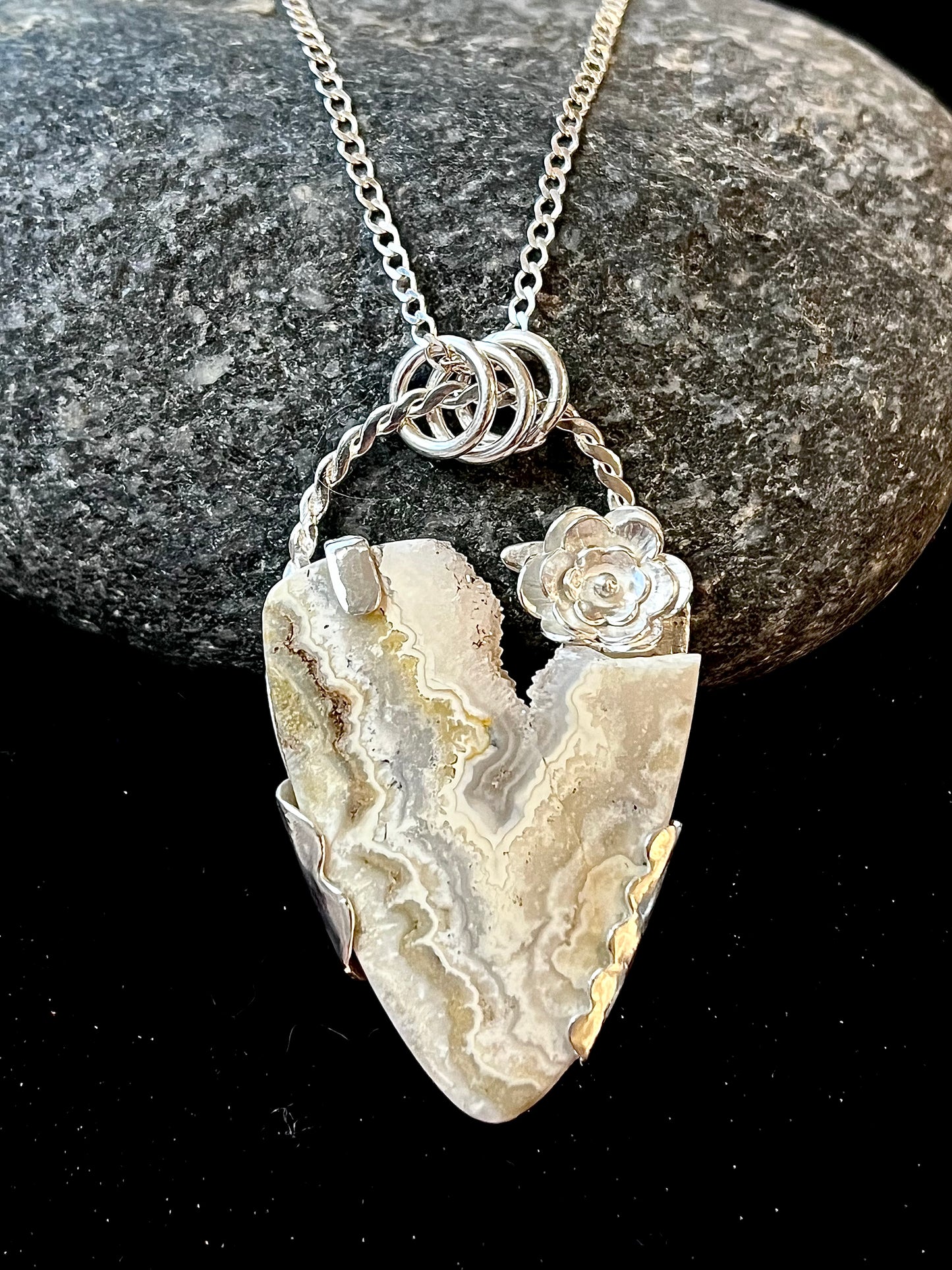 Heart Druzy Agate Pendant Sterling Silver | Reversible Botanical Statement Necklace | One of a Kind Handmade Jewelry