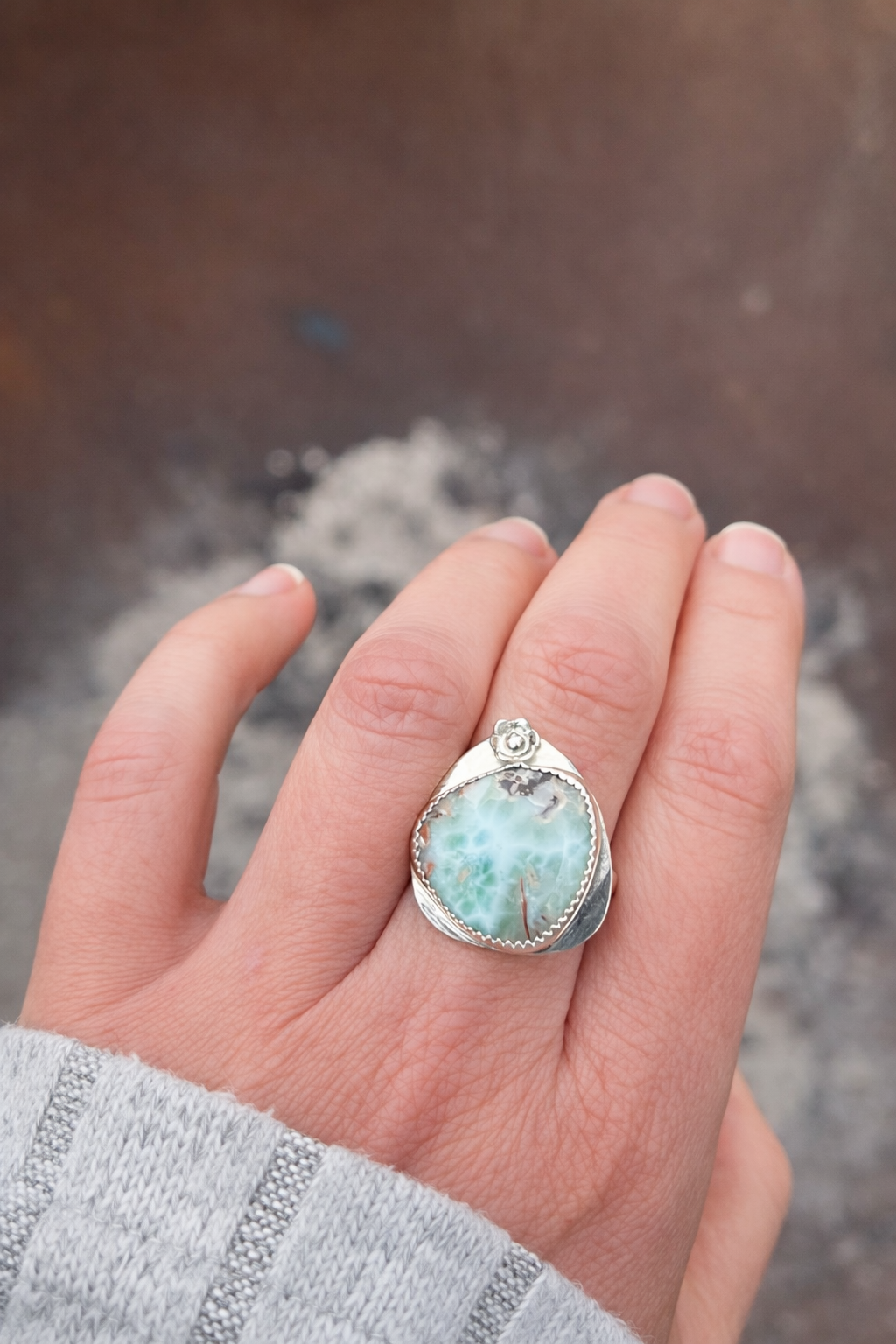 Larimar Ring in Sterling Silver | Handmade Floral Blue Stone Ring | Boho Gift for Her | Size 6.5/7