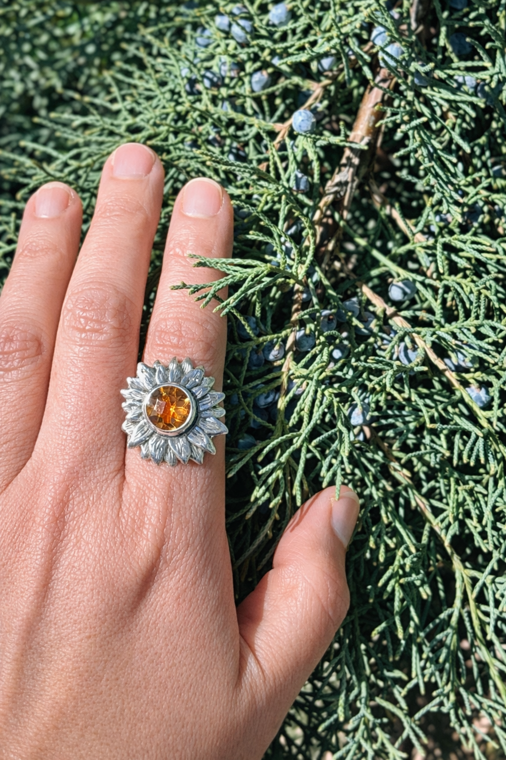 Handmade Sterling Silver Sunflower Ring with Citrine, Size 9.25