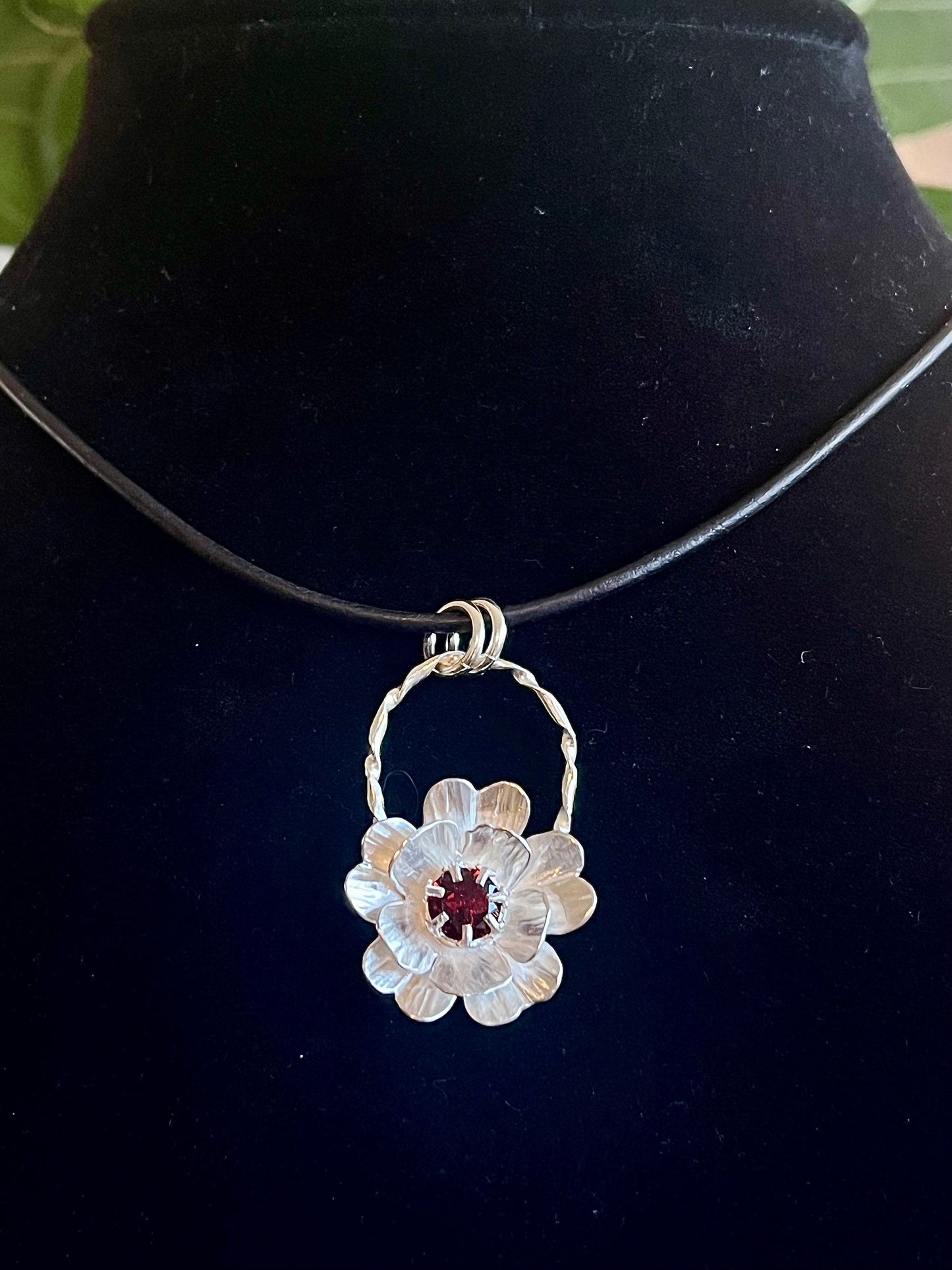 Ember Bloom Pendant — Handmade Sterling Silver Layered Flower Pendant with Garnet