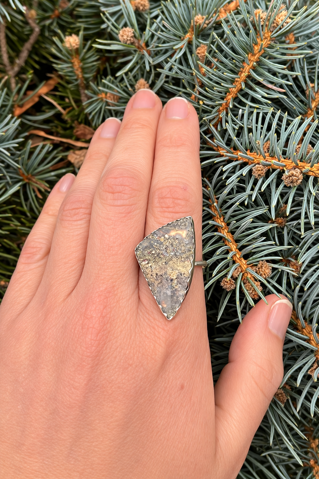 Sterling Silver Triangle Moss Agate Ring, Botanical Back, Size 8