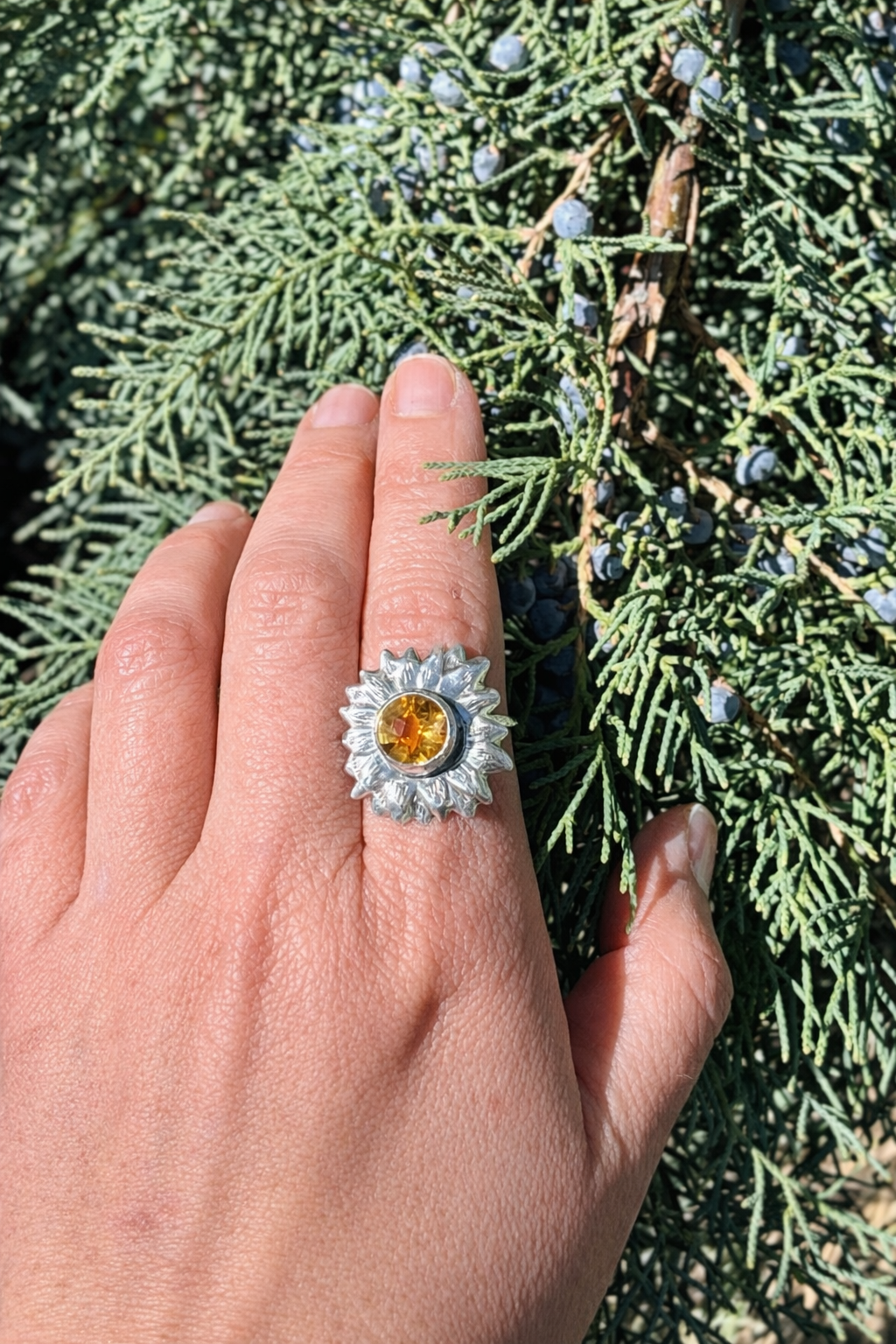 Handmade Sterling Silver Sunflower Ring with Citrine, Size 9.25