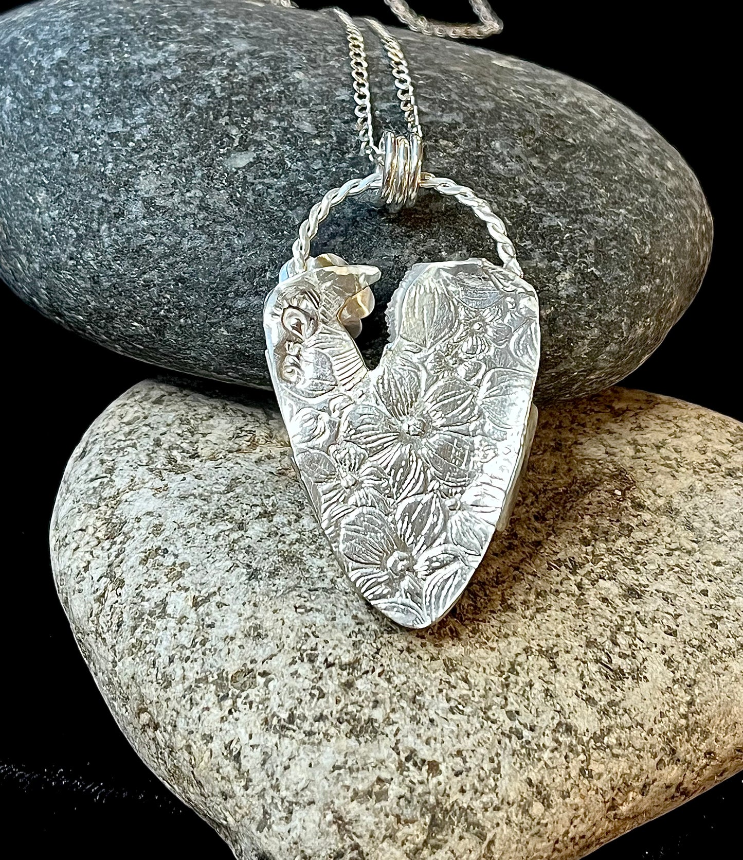 Heart Druzy Agate Pendant Sterling Silver | Reversible Botanical Statement Necklace | One of a Kind Handmade Jewelry