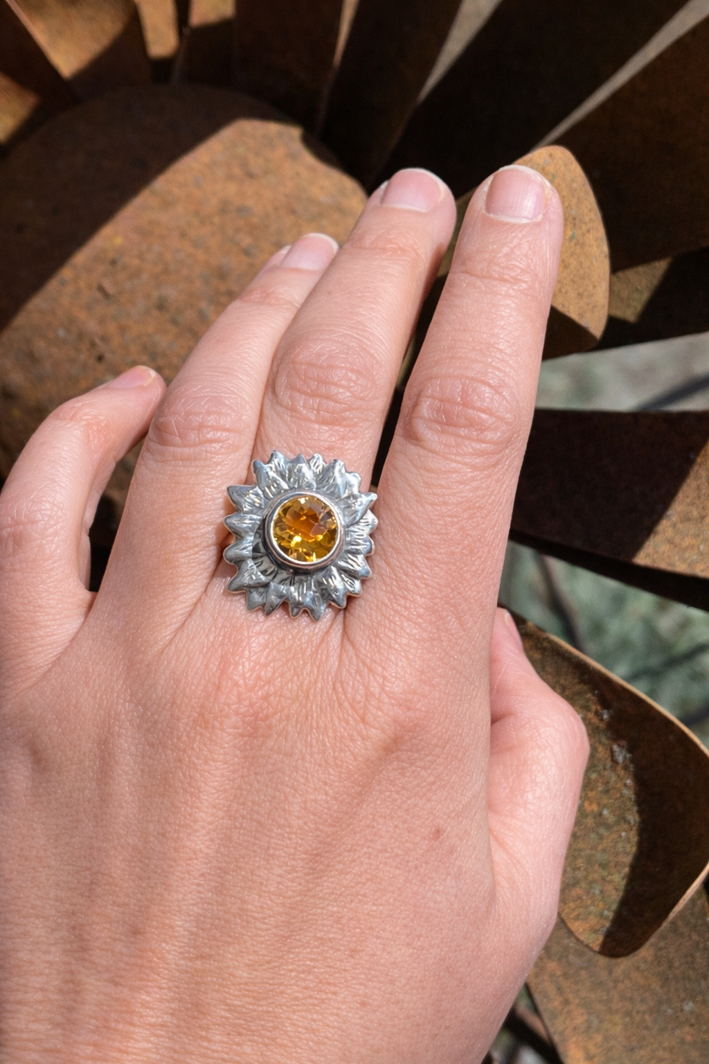 Handmade Sterling Silver Sunflower Ring with Citrine, Size 9.25
