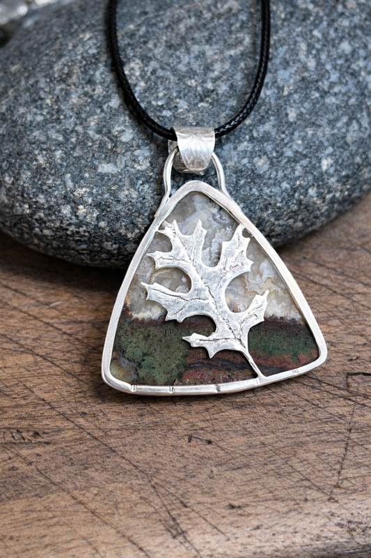 Moss Agate Pendant in Sterling Silver | Hand Chiseled Oak Leaf Necklace | Nature Jewelry Gift for Her
