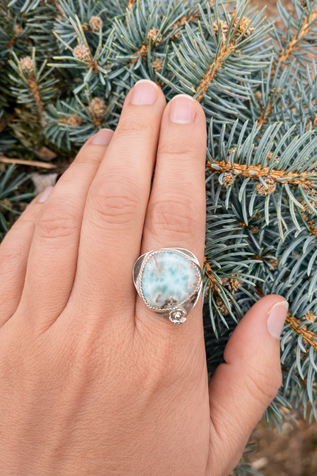 Larimar Ring in Sterling Silver | Handmade Floral Blue Stone Ring | Boho Gift for Her | Size 6.5/7