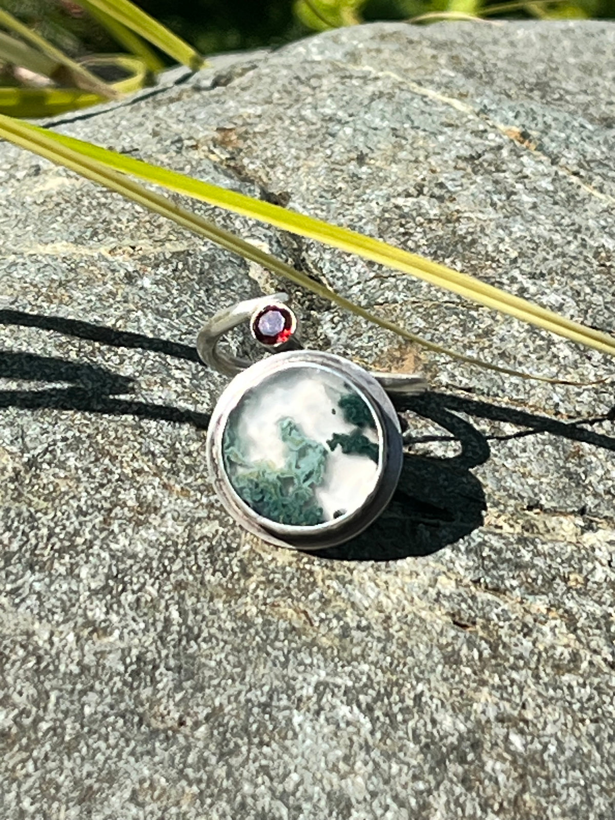 A Little Wild — Moss Agate & Red CZ Sterling Silver Ring