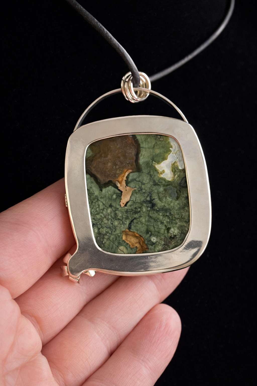 Plume Moss Agate, Sterling Silver Handmade Open Back, Pendant