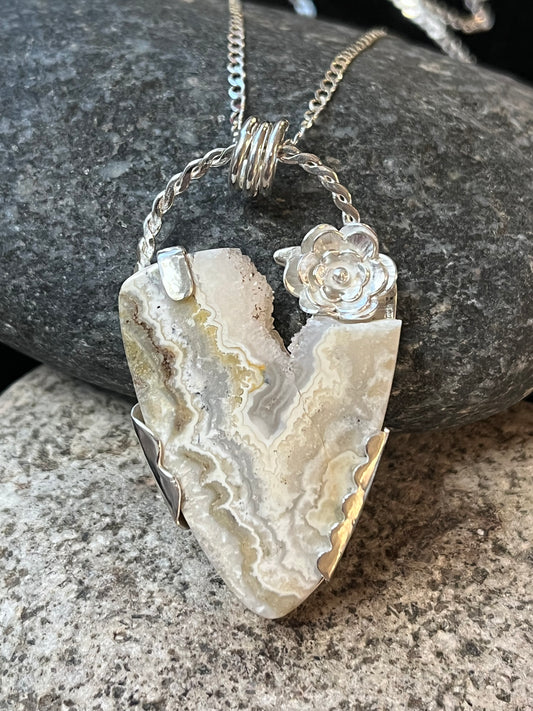 Heart Druzy Agate Pendant Sterling Silver | Reversible Botanical Statement Necklace | One of a Kind Handmade Jewelry