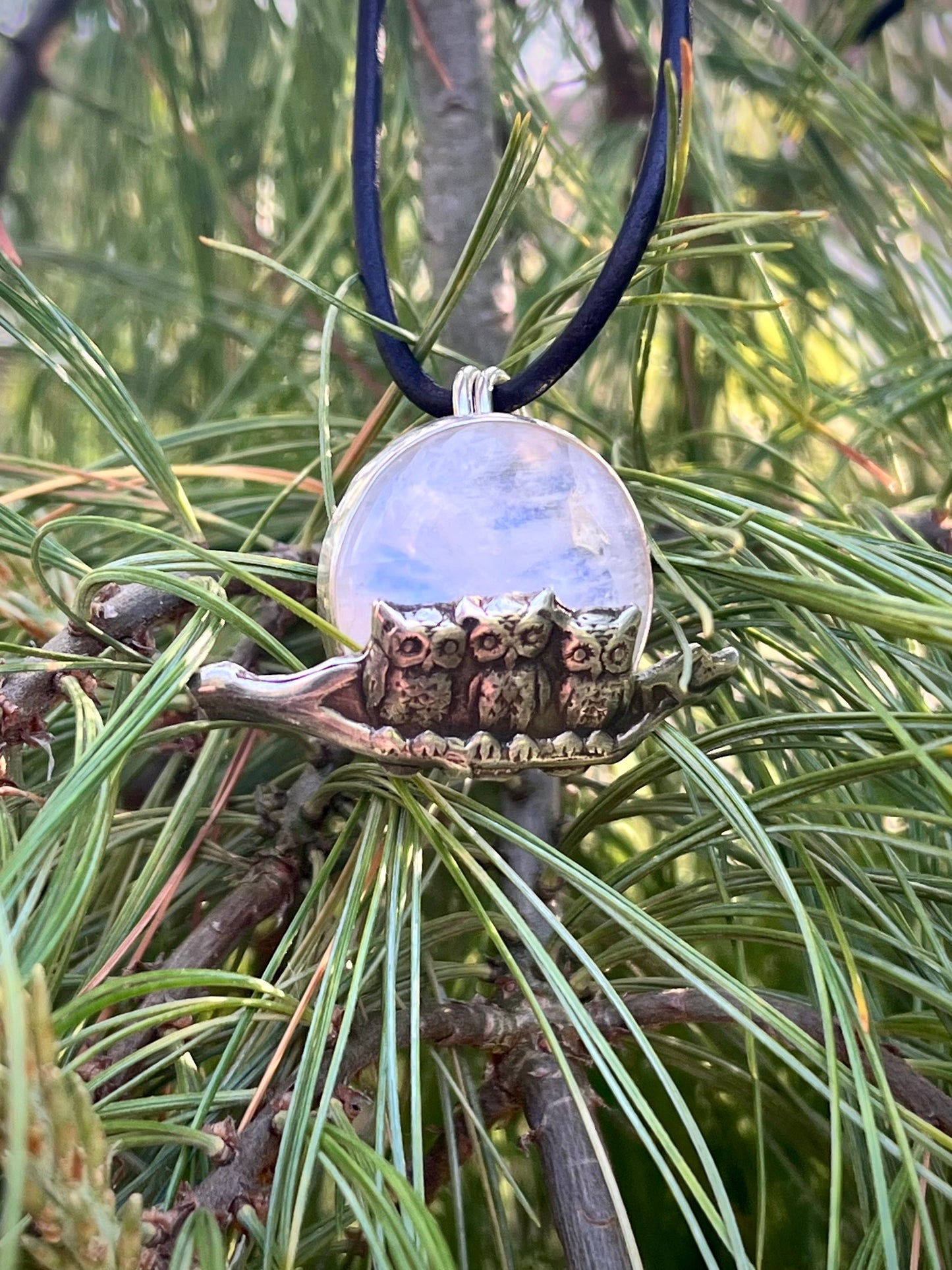 The Watchers Pendant — Rainbow Moonstone Sterling Silver Owl Necklace