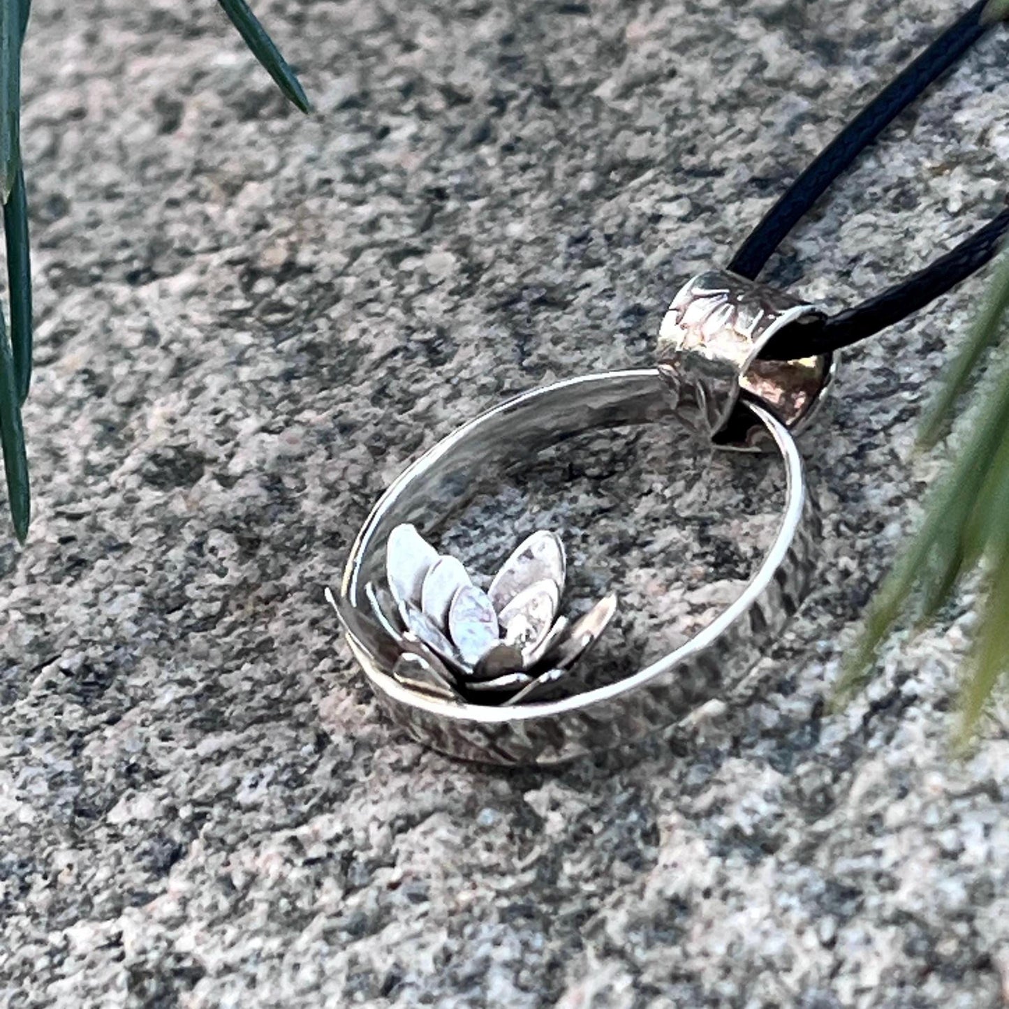 Handmade Sterling Silver Lotus Pendant, Open Circle, Floral Bail