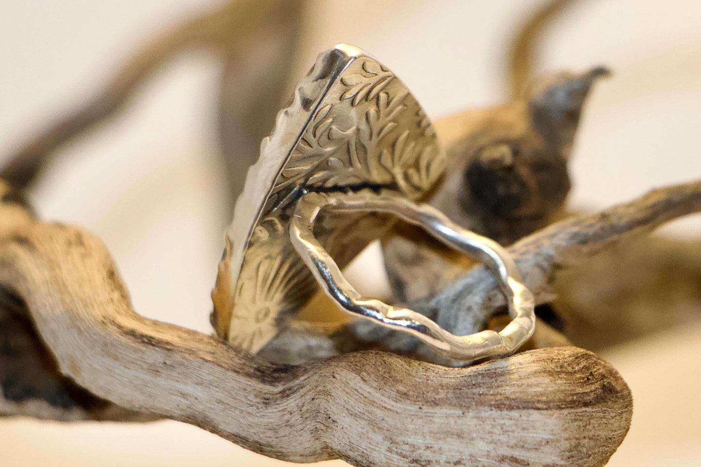 Sterling Silver Triangle Moss Agate Ring, Botanical Back, Size 8