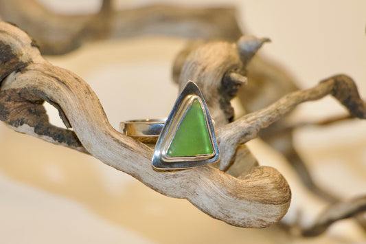 Green Sea Glass Ring, Sterling Silver Triangle, Size 8