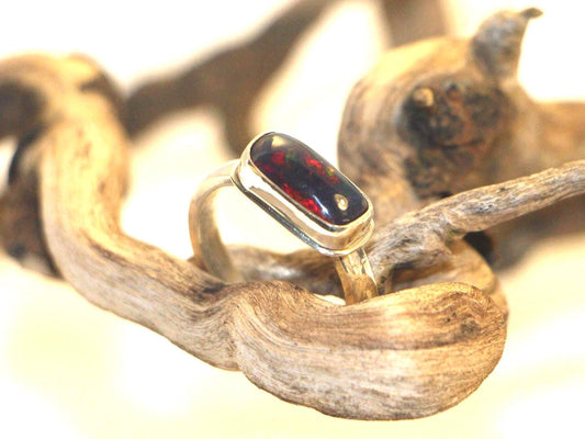 Smoked Opal Ring with Red/Green Flashes, Sterling Silver Handmade, Size 8.75