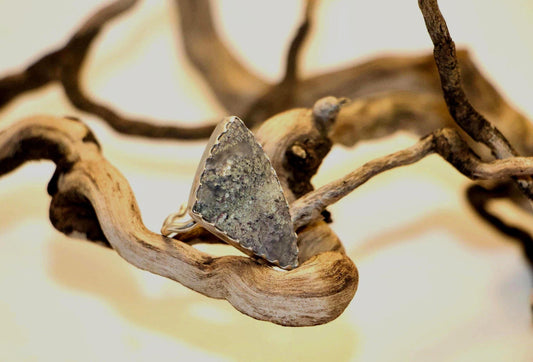 Sterling Silver Triangle Moss Agate Ring, Botanical Back, Size 8