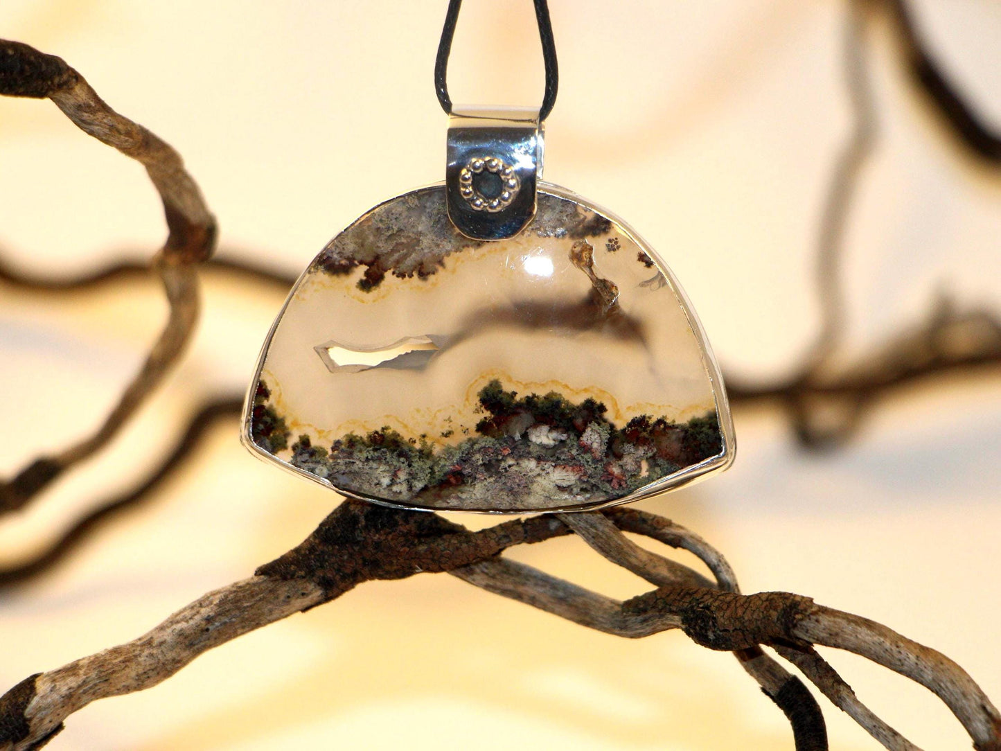 Moss Agate Sterling Silver Pendant, Half Moon Scenic Necklace