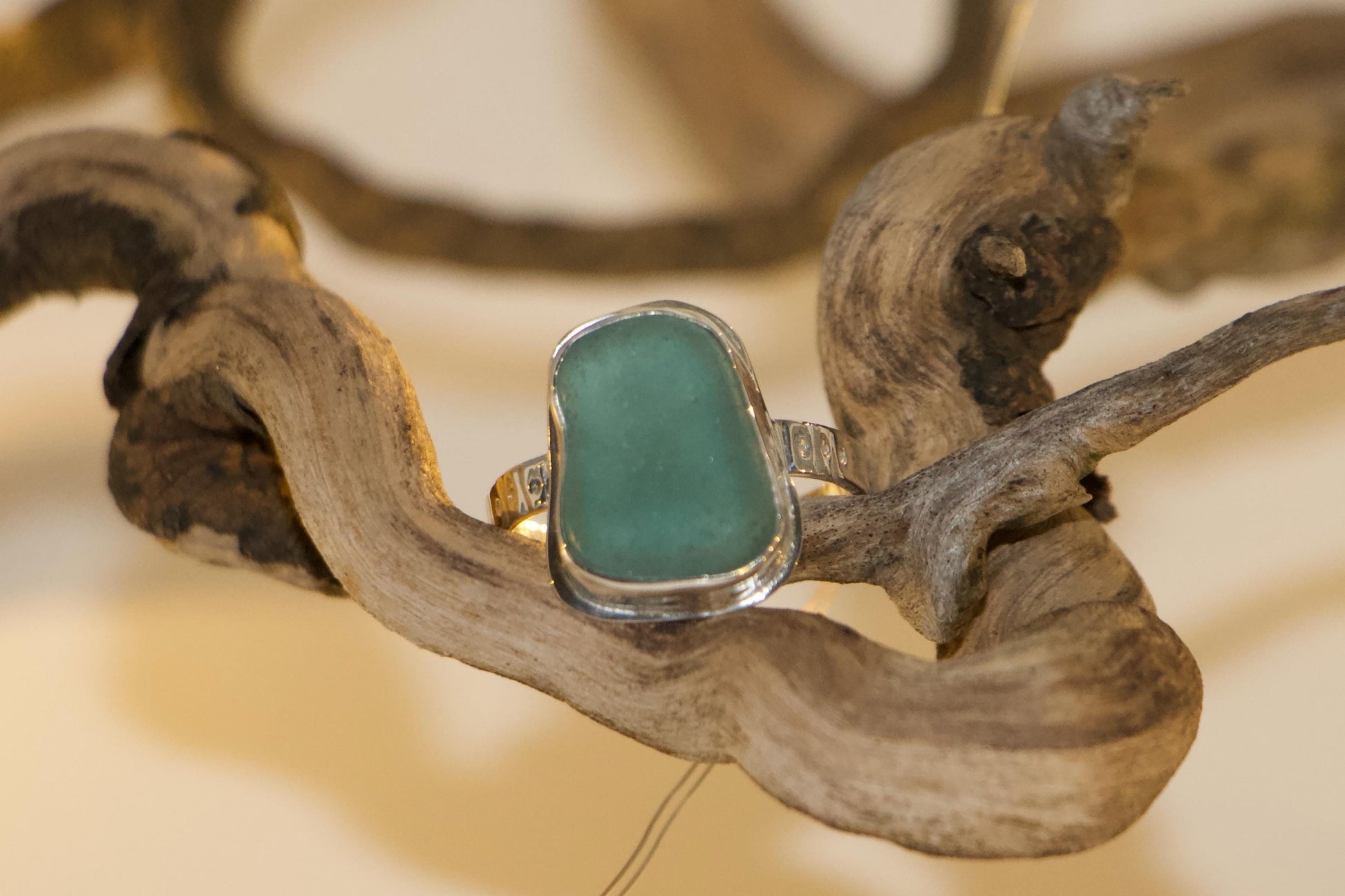 Aqua Sea Glass Ring Sterling Silver Carved Band Handmade Beach Glass Jewelry Size 8/8.5