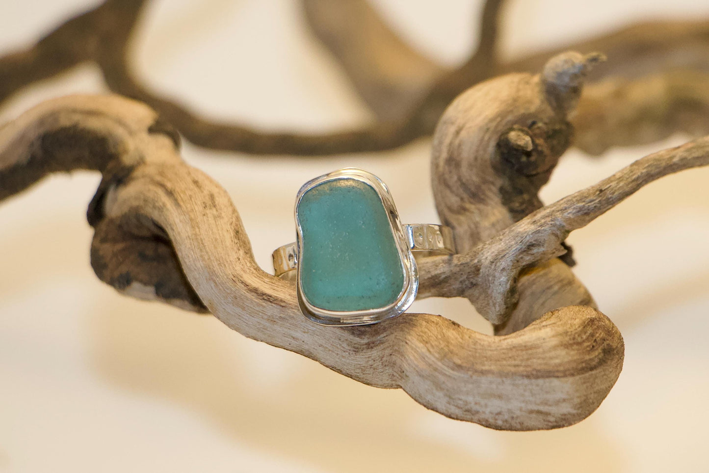 Aqua Sea Glass Ring Sterling Silver Carved Band Handmade Beach Glass Jewelry Size 8/8.5