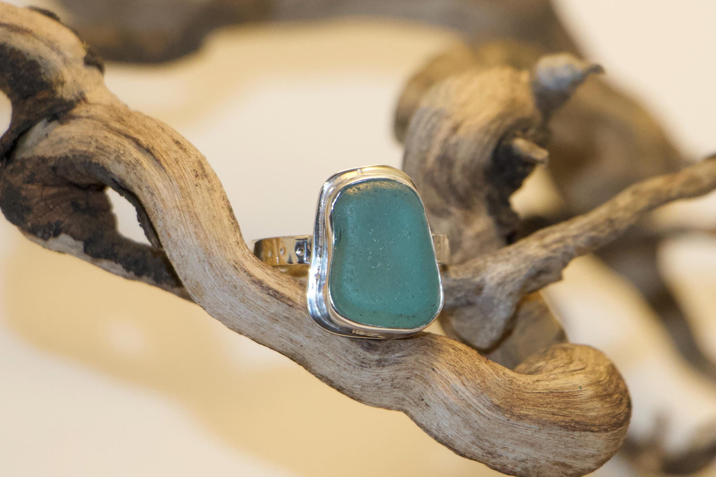 Aqua Sea Glass Ring Sterling Silver Carved Band Handmade Beach Glass Jewelry Size 8/8.5