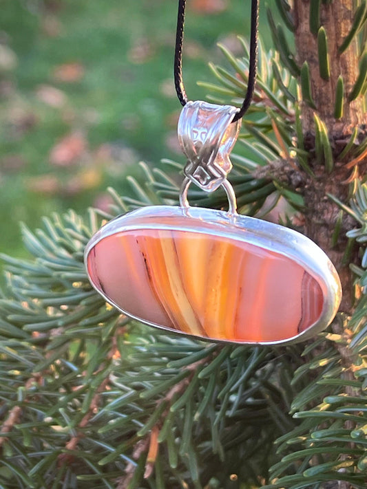 Banded Agate Pendant Sterling Silver Handmade Open Back Stamped Bail One of a Kind