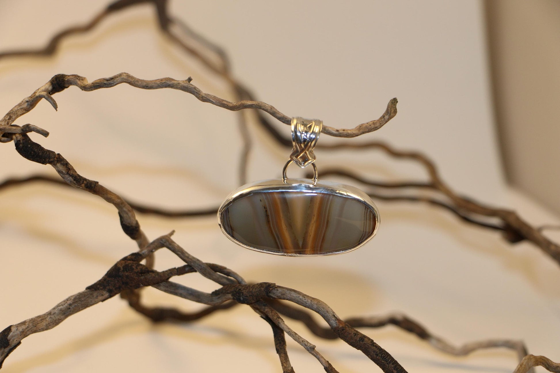 Banded Agate Pendant Sterling Silver Handmade Open Back Stamped Bail One of a Kind