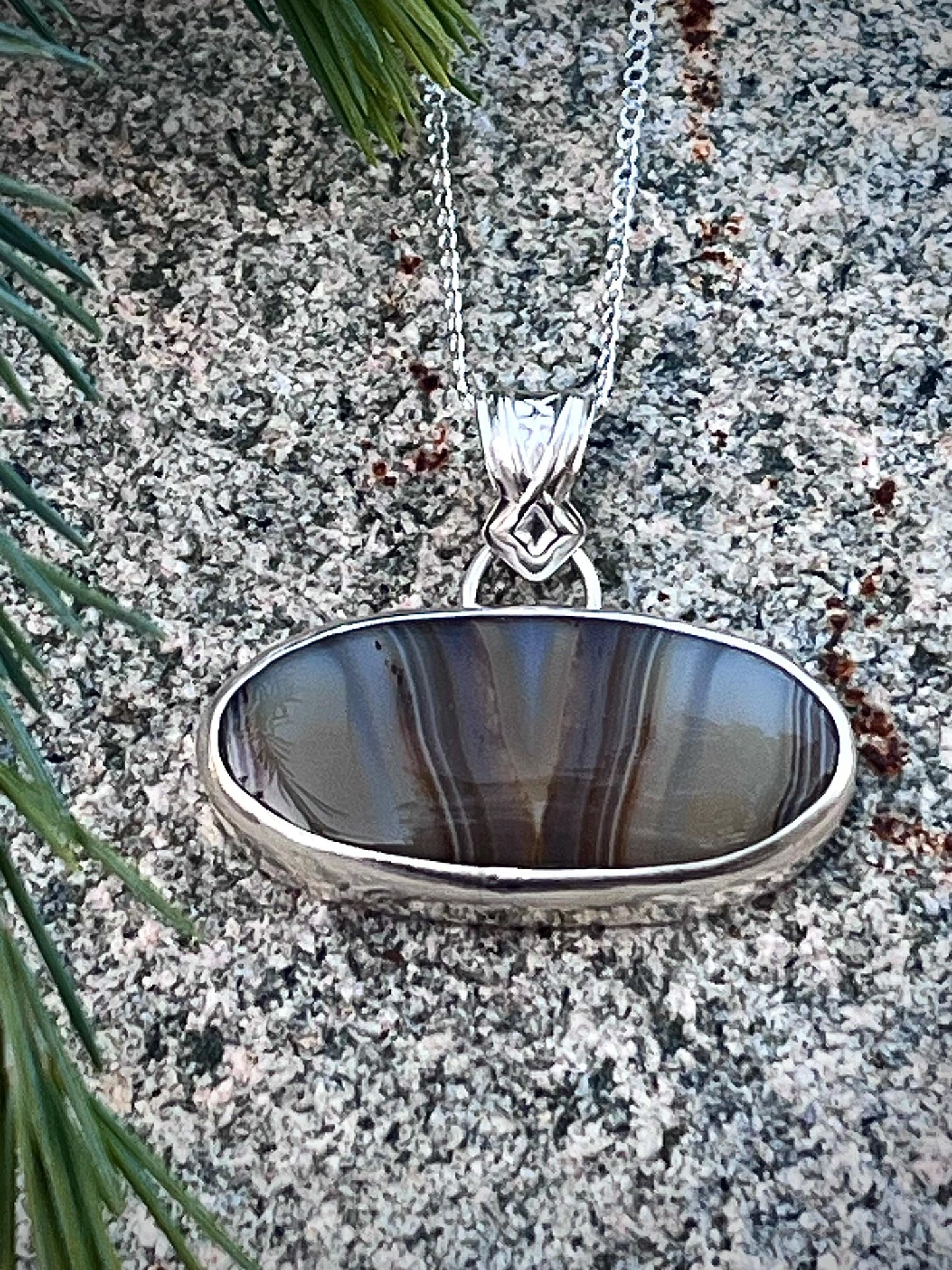 Banded Agate Pendant Sterling Silver Handmade Open Back Stamped Bail One of a Kind